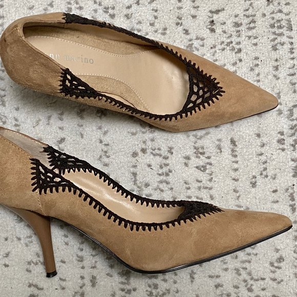 Ann Marino Boho Minimalist Hot Suede Leather Crochet Pumps Heels Shoes  … - Picture 1 of 9